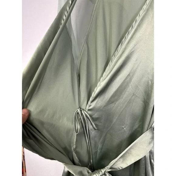 Vintage Regencycore Scaasi Womens Petite Sage Green Satin Lace Wrap Robe Pockets - Picture 5 of 10